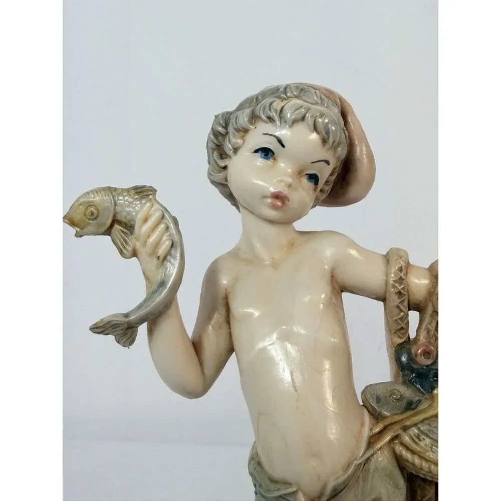VTG Fontanini Depose Italy Carrara Marble Simonelli Boy with Fish 7